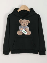 Girls Bear Print Hoodie Kids Casual Pullover Hooded Top