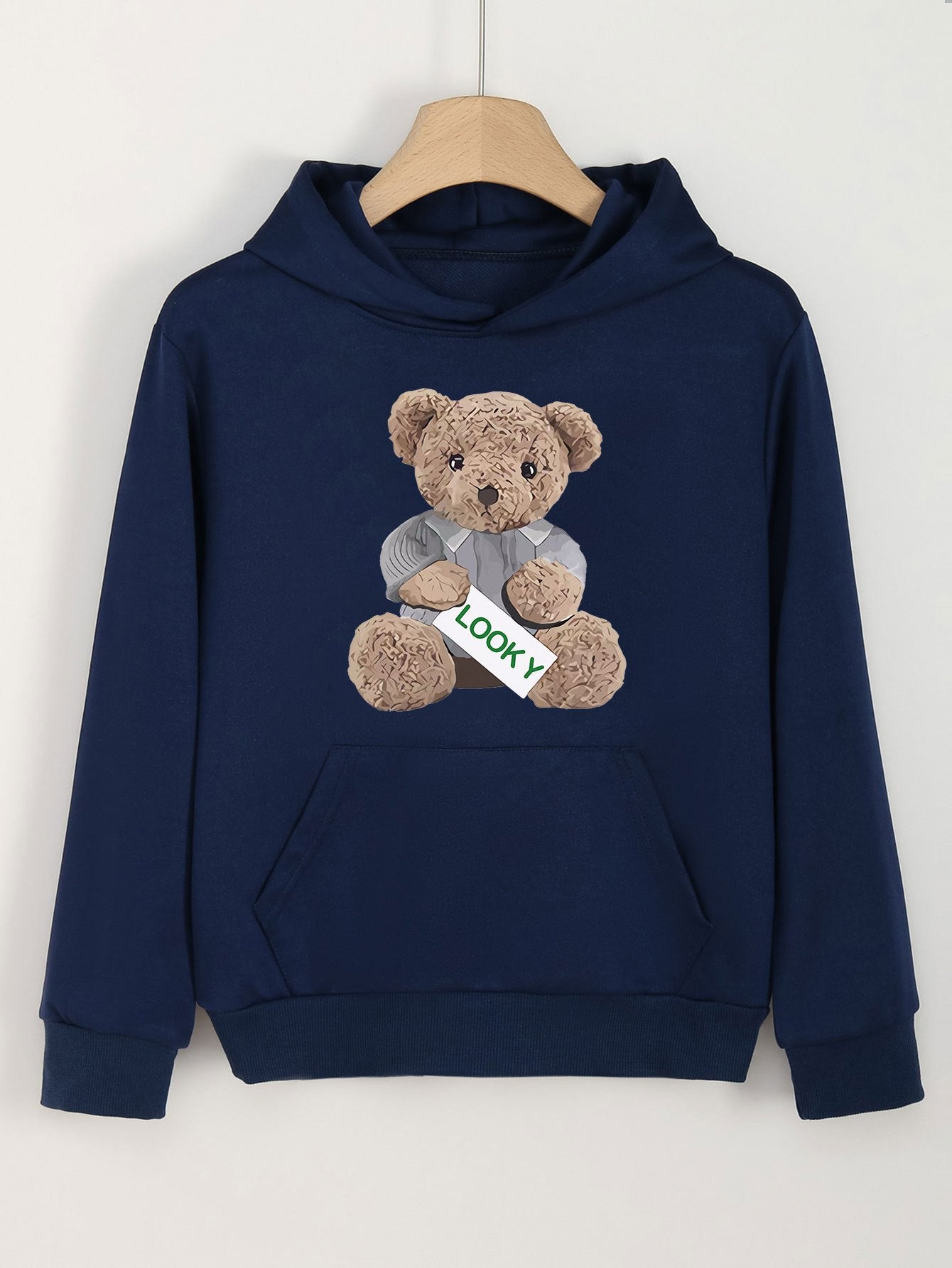 Girls Bear Print Hoodie Kids Casual Pullover Hooded Top
