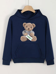 Girls Bear Print Hoodie Kids Casual Pullover Hooded Top