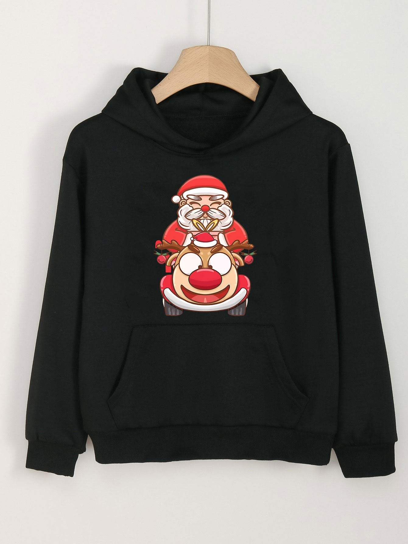 Santa And Elk Print Christmas Hoodie For Girls Kids