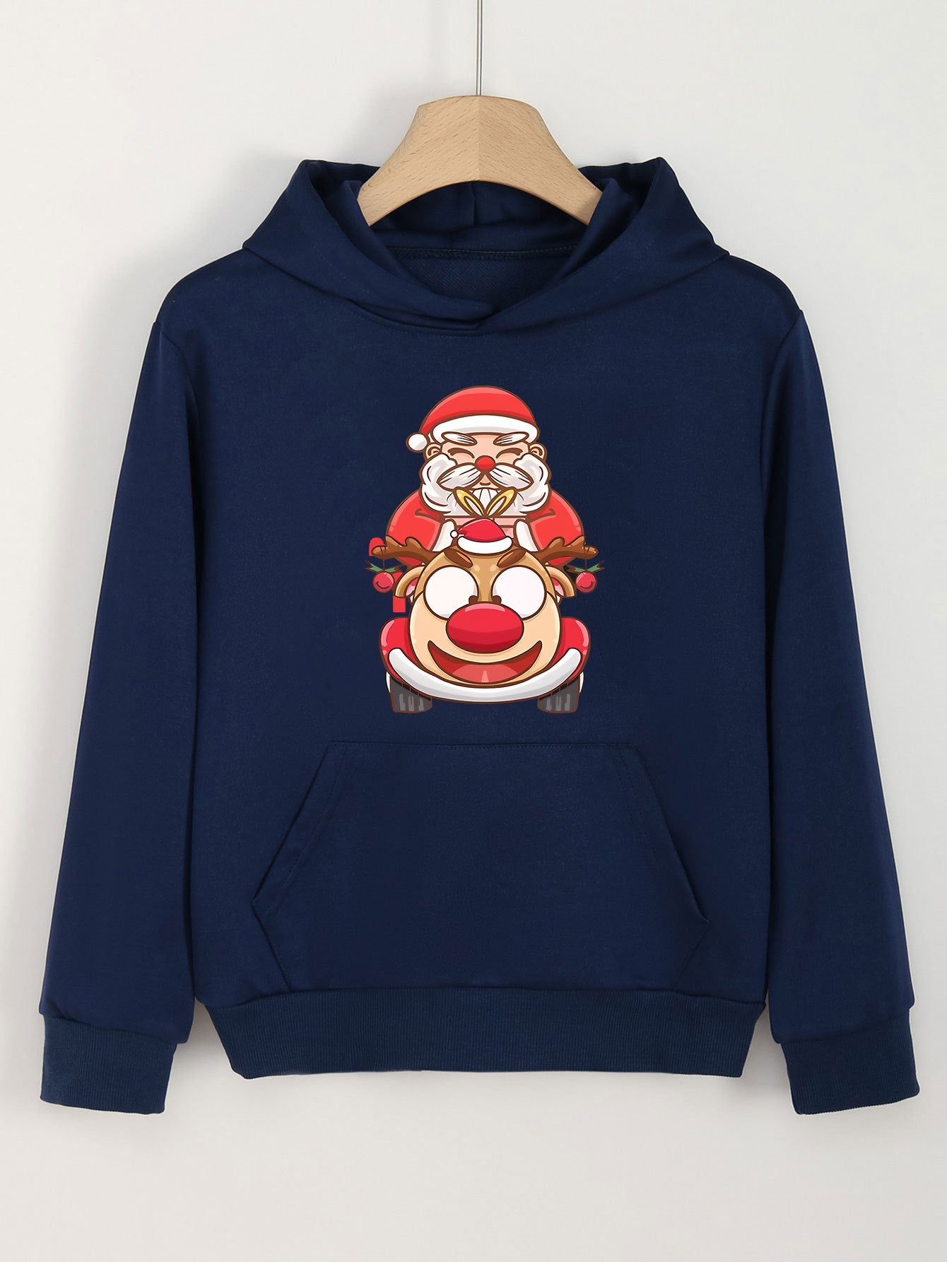 Santa And Elk Print Christmas Hoodie For Girls Kids