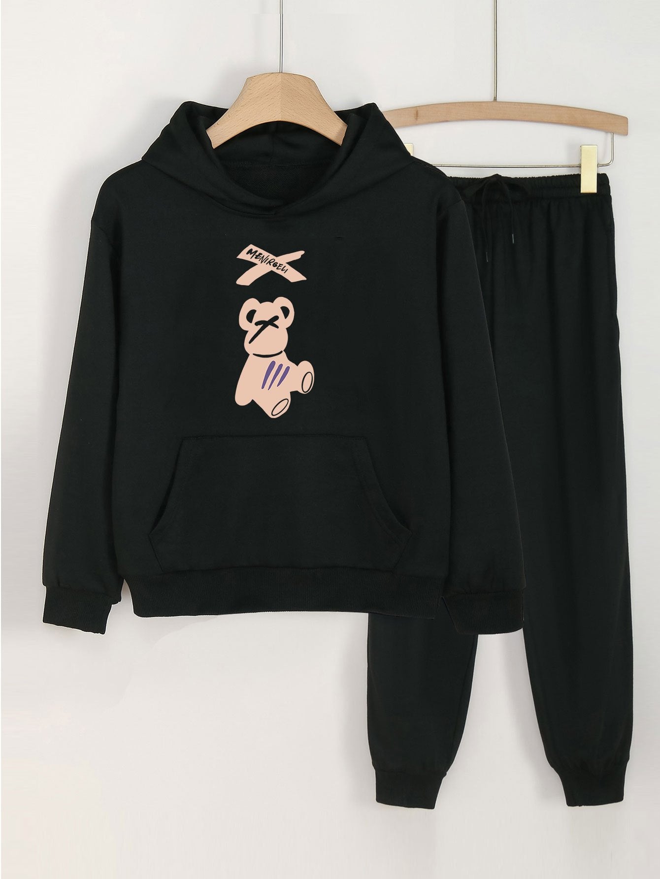 Girls Bear Print Hoodie & Sweatpants Set