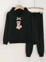Girls Bear Print Hoodie & Sweatpants Set