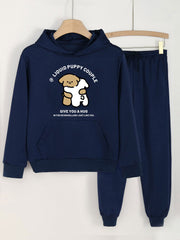 Hug Puppy Print Hooded Outfit For Girls Hoodie & Pants Set