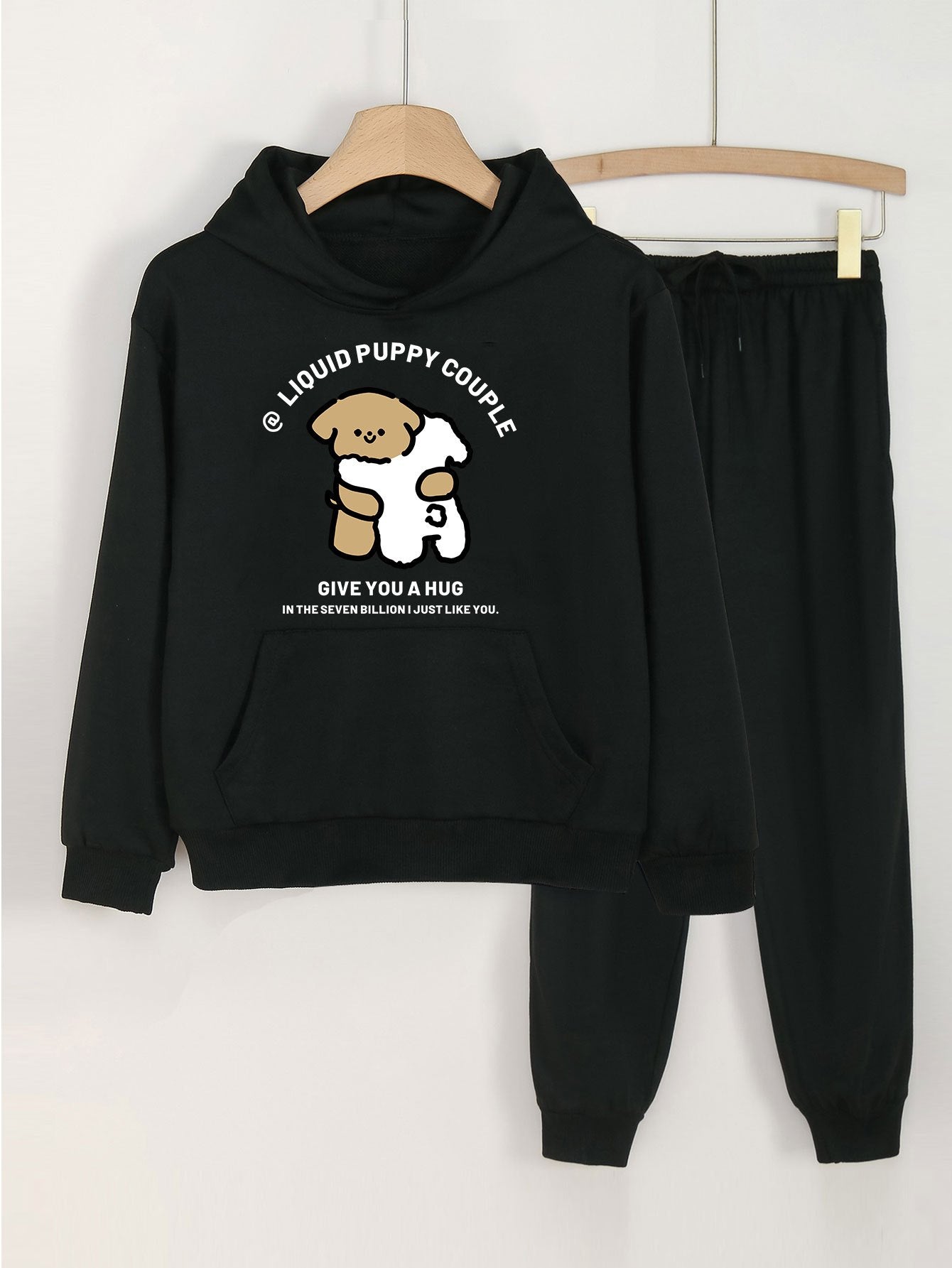 Hug Puppy Print Hooded Outfit For Girls Hoodie & Pants Set