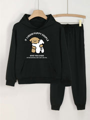 Hug Puppy Print Hooded Outfit For Girls Hoodie & Pants Set
