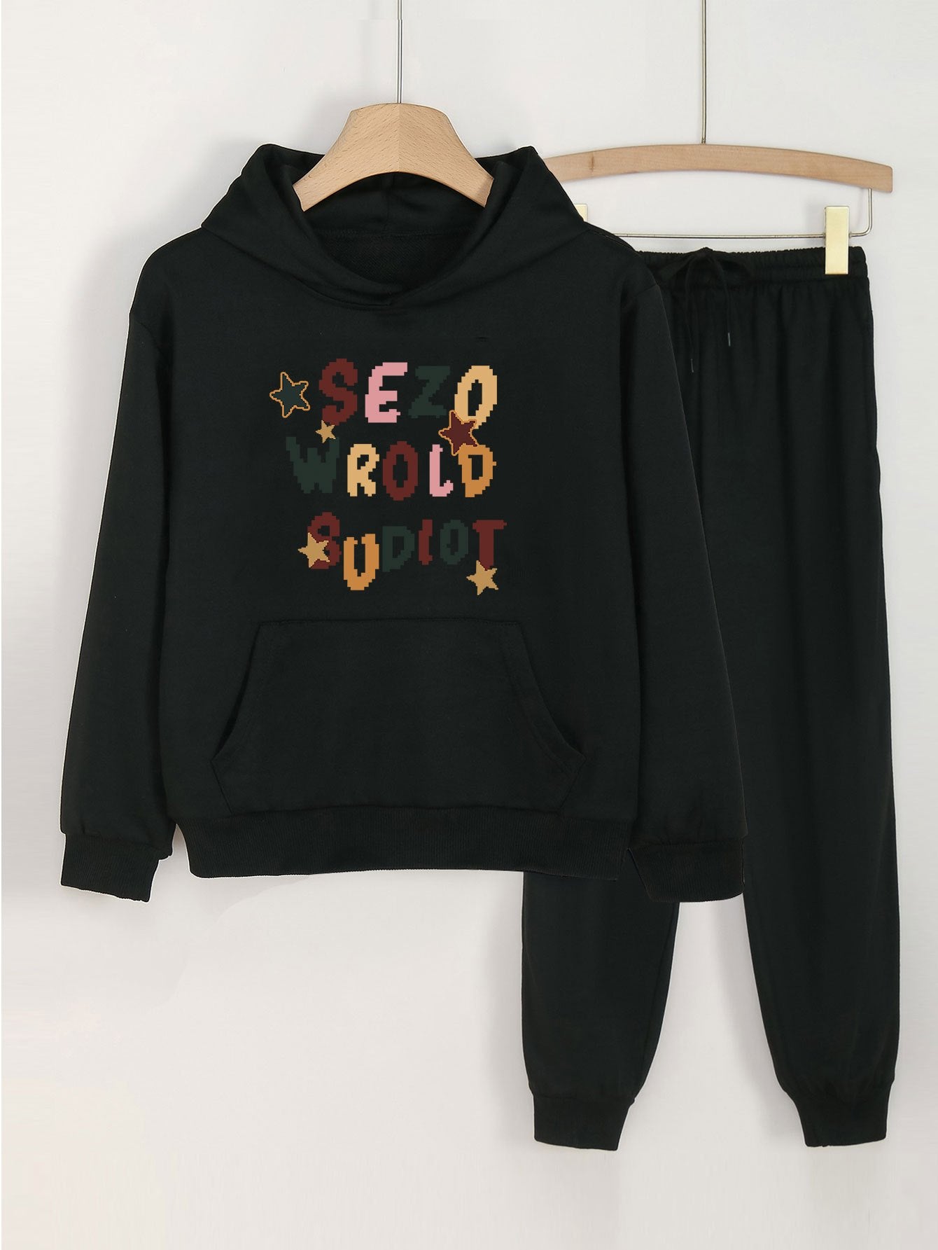 2pcs Pixel Letter Print Hooded Outfit For Girls Hoodie & Pants Set