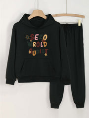 2pcs Pixel Letter Print Hooded Outfit For Girls Hoodie & Pants Set