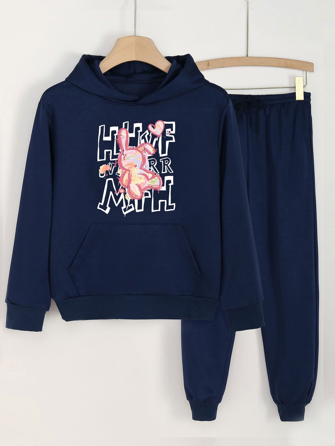 Bunny Print Hoodie & Pants Set for Girls