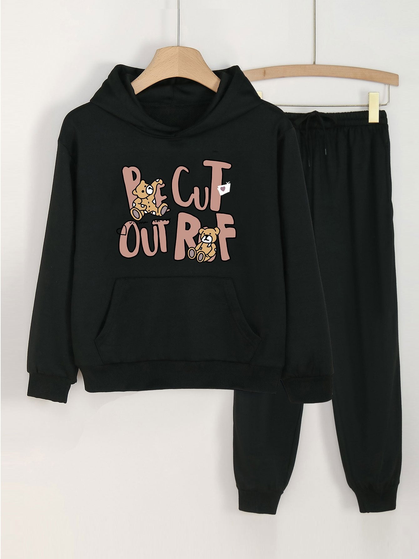 2pcs Bear & Letter Print Hooded Outfit for Girls Hoodie & Comfy Pants Set