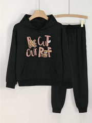 2pcs Bear & Letter Print Hooded Outfit for Girls Hoodie & Comfy Pants Set