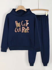 2pcs Bear & Letter Print Hooded Outfit for Girls Hoodie & Comfy Pants Set