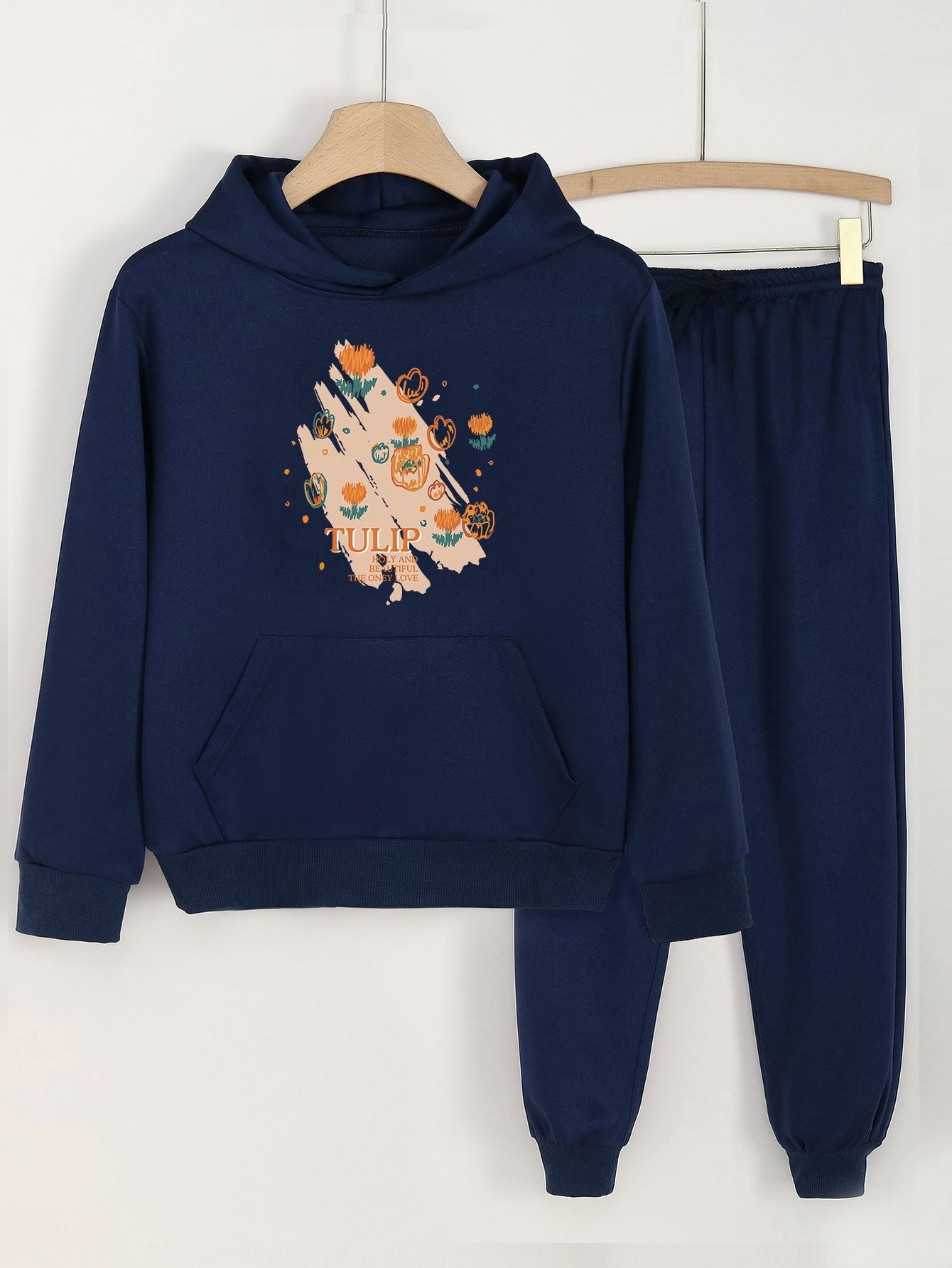 Floral Graffiti Print Hooded Outfit For Girls Hoodie & Pants Set