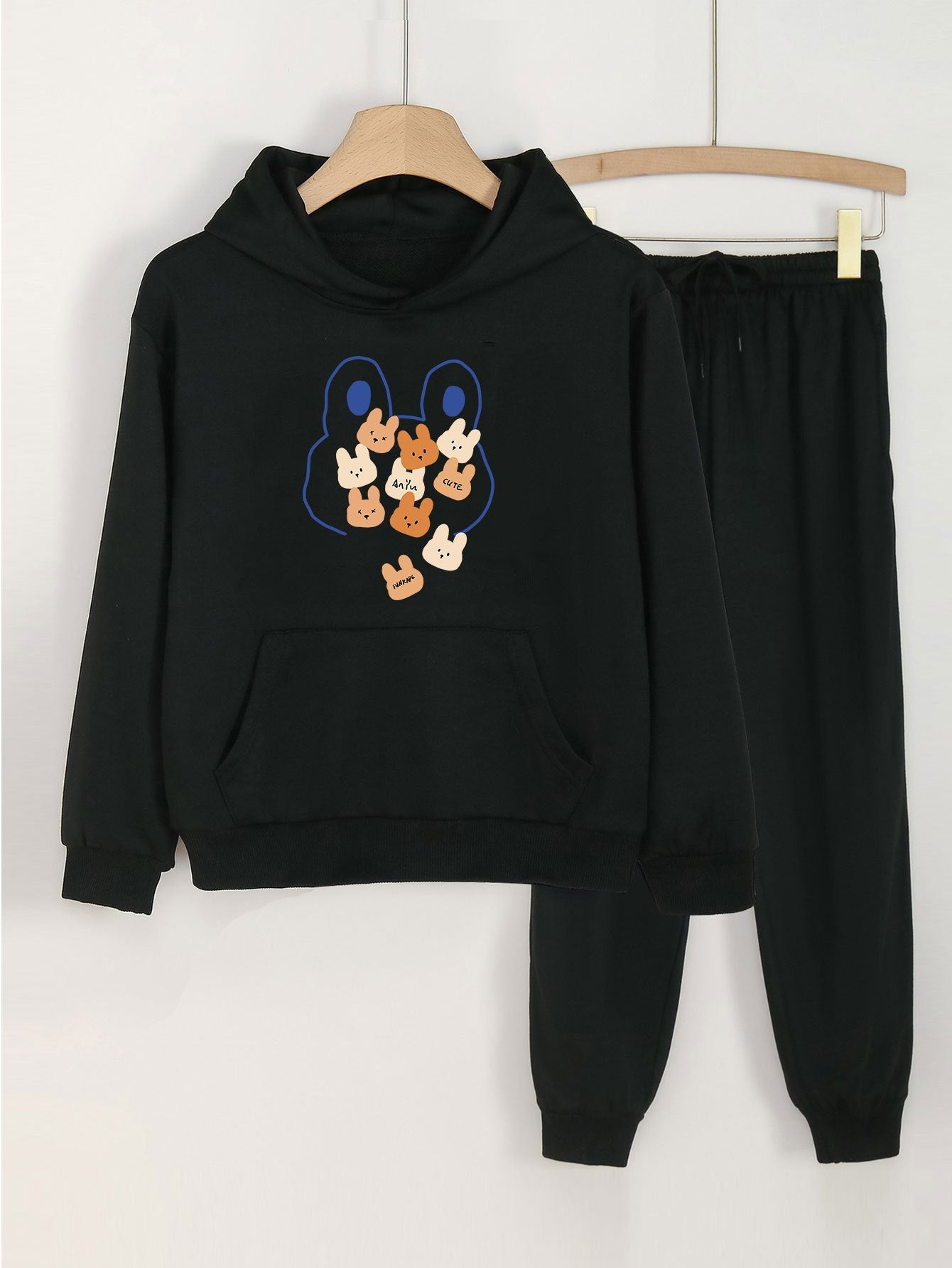 Cartoon Rabbit Print Hooded Outfit For Girls Hoodie & Pants Set