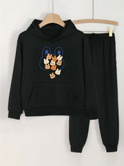 Cartoon Rabbit Print Hooded Outfit For Girls Hoodie & Pants Set