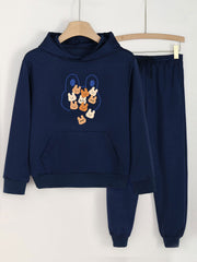 Cartoon Rabbit Print Hooded Outfit For Girls Hoodie & Pants Set