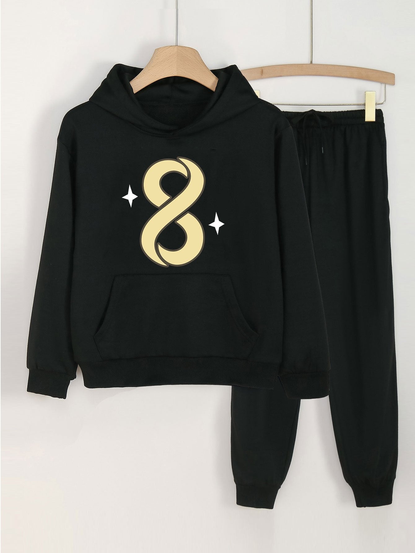2pcs Number 8 Print Hooded Outfit For Girls Hoodie & Comfy Pants Set
