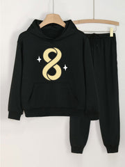 2pcs Number 8 Print Hooded Outfit For Girls Hoodie & Comfy Pants Set