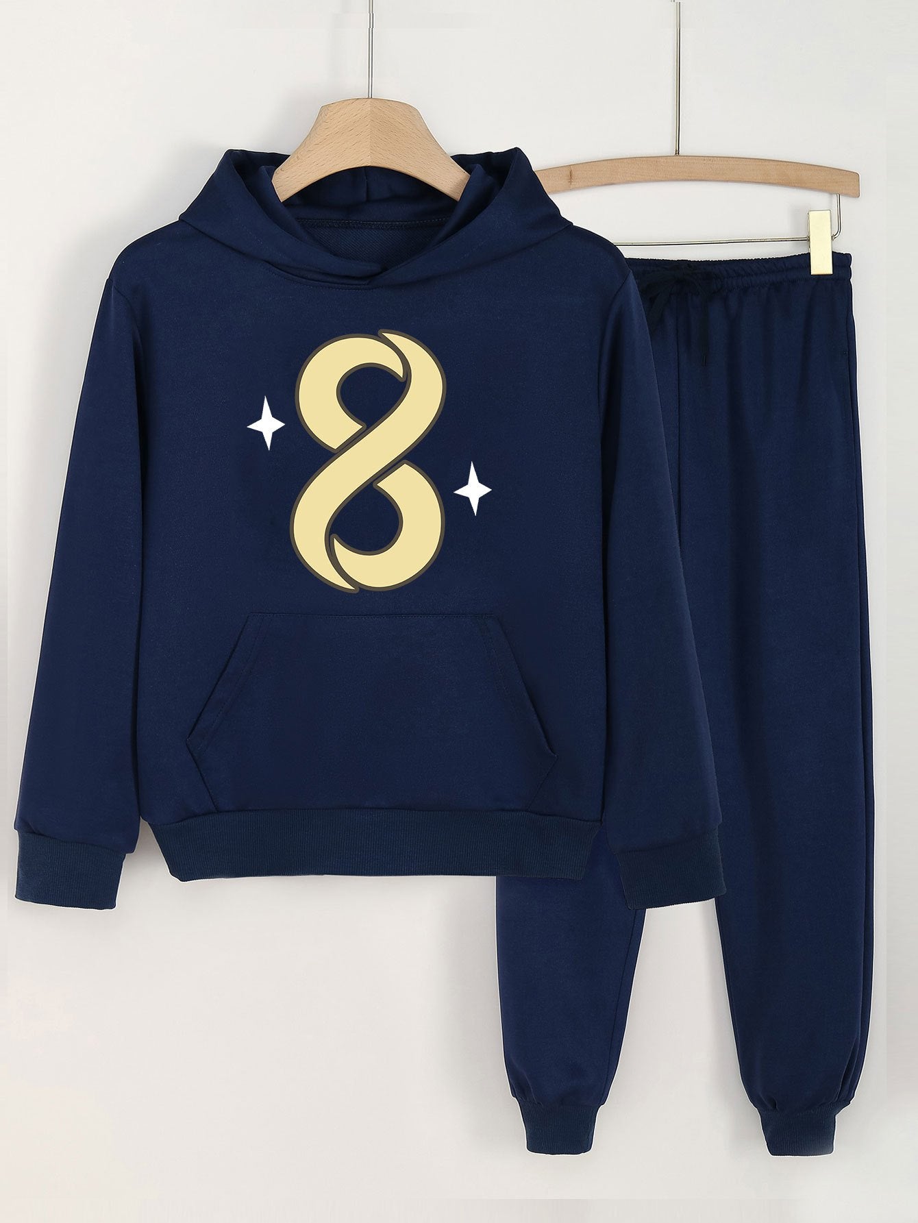 2pcs Number 8 Print Hooded Outfit For Girls Hoodie & Comfy Pants Set