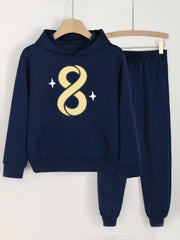 2pcs Number 8 Print Hooded Outfit For Girls Hoodie & Comfy Pants Set