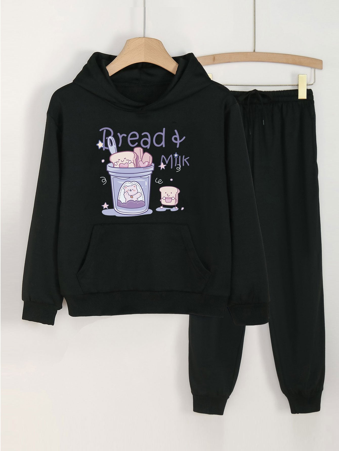 Bread Milk Print Hooded Outfit For Girls Hoodie & Pants Set