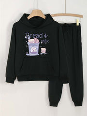 Bread Milk Print Hooded Outfit For Girls Hoodie & Pants Set
