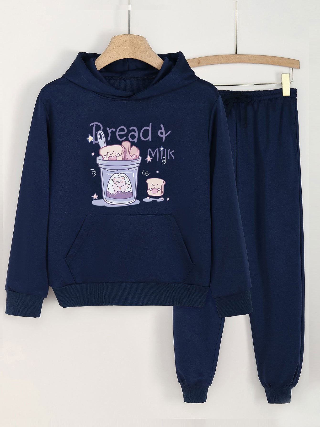 Bread Milk Print Hooded Outfit For Girls Hoodie & Pants Set