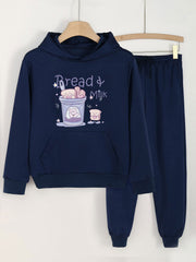Bread Milk Print Hooded Outfit For Girls Hoodie & Pants Set