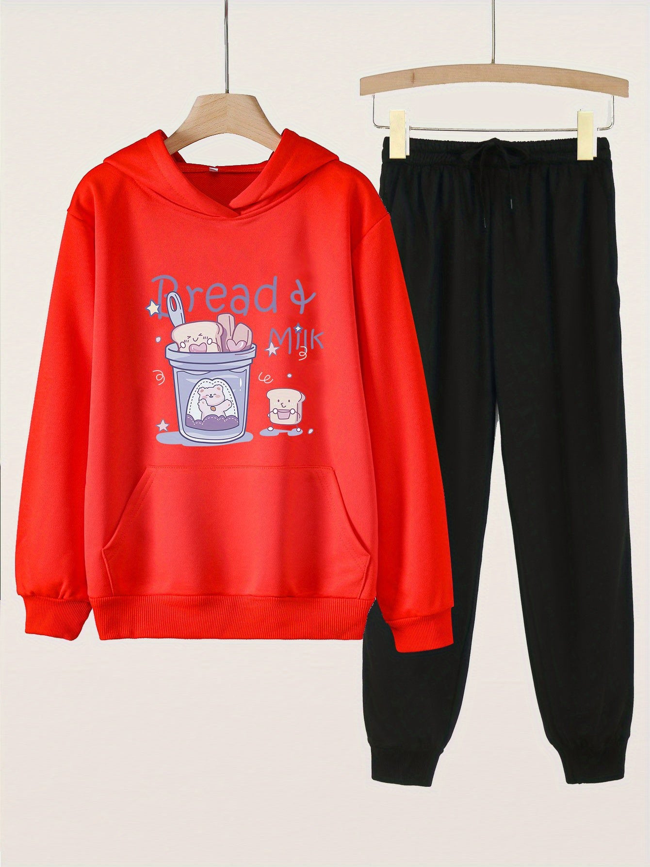 Bread Milk Print Hooded Outfit For Girls Hoodie & Pants Set