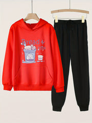 Bread Milk Print Hooded Outfit For Girls Hoodie & Pants Set