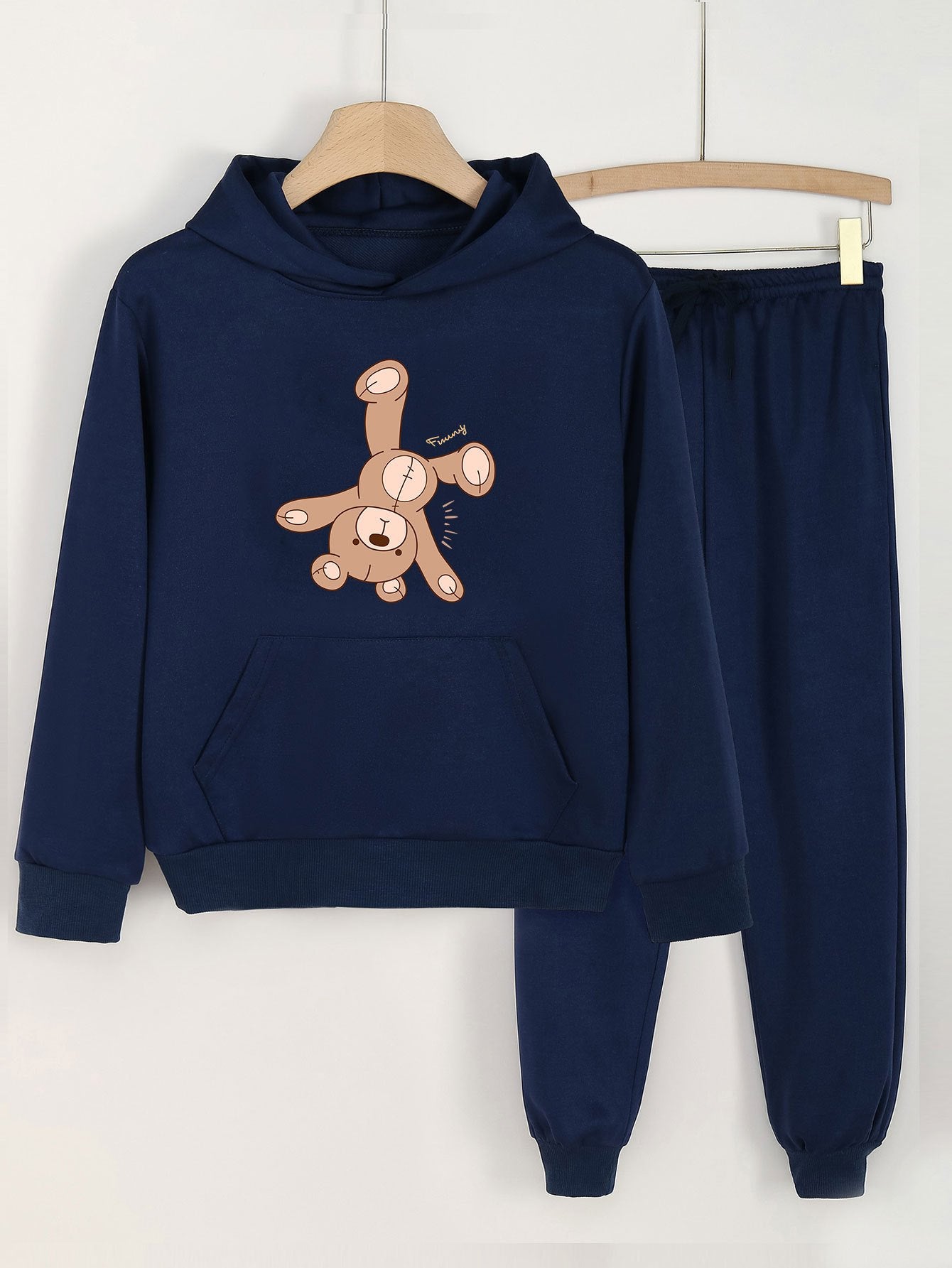 Bear Print Hooded Outfit For Girls Hoodie & Pants Set Kid's Clothes