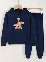 Bear Print Hooded Outfit For Girls Hoodie & Pants Set Kid's Clothes