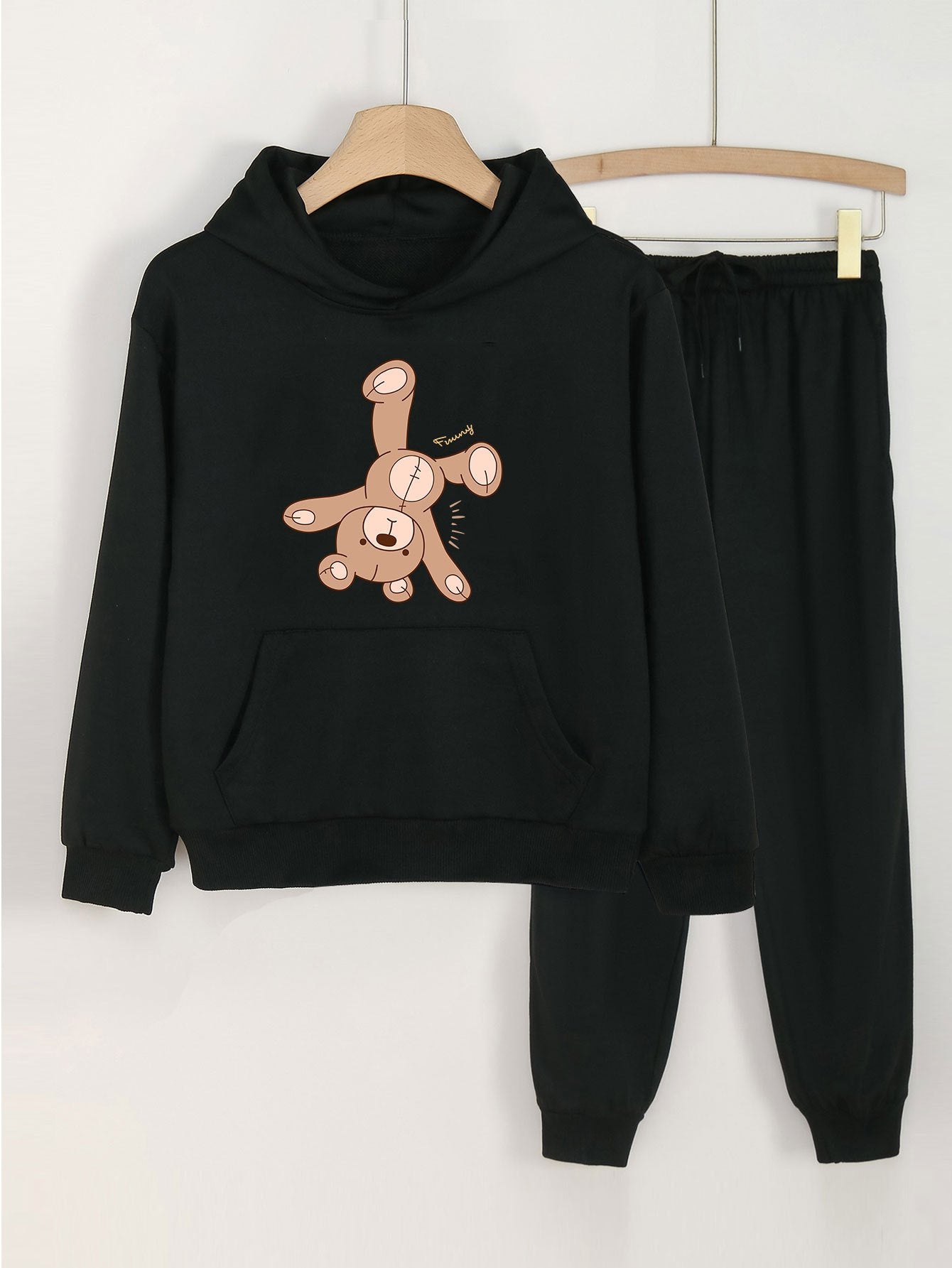Bear Print Hooded Outfit For Girls Hoodie & Pants Set Kid's Clothes