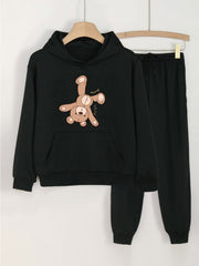 Bear Print Hooded Outfit For Girls Hoodie & Pants Set Kid's Clothes