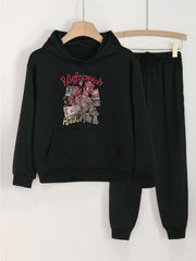 Girls Flowers Print Hoodie Sweatshirt & Solid Sweatpants Set