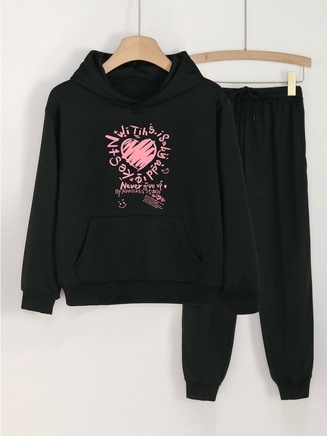Graffiti Heart Print Hooded Outfit for Girls - Hoodie & Pants Set