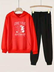 2pcs Dream Up Print Hooded Outfit For Girls Hoodie & Pants Set