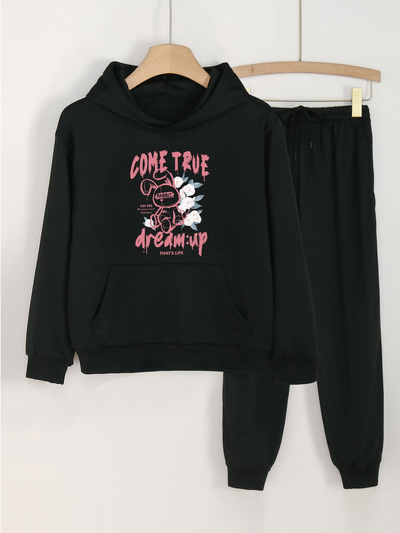 2pcs Dream Up Print Hooded Outfit For Girls Hoodie & Pants Set