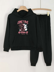 2pcs Dream Up Print Hooded Outfit For Girls Hoodie & Pants Set