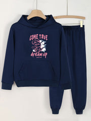 2pcs Dream Up Print Hooded Outfit For Girls Hoodie & Pants Set