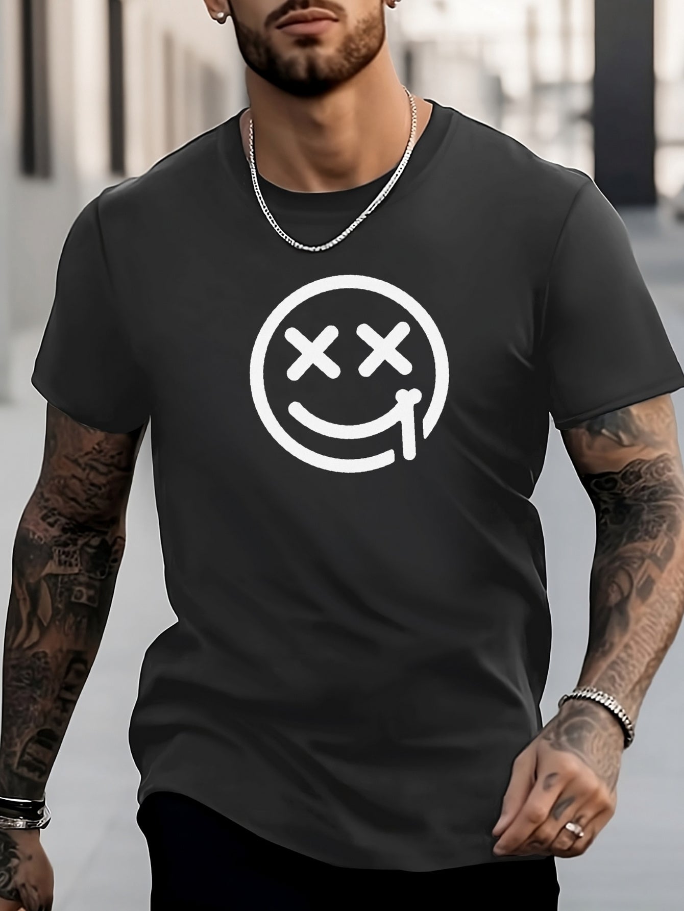 Men's Smiling Face Pattern Shirt Casual Tee Top