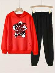 Star & Letter Print Hooded Outfit For Girls Hoodie & Pants Set