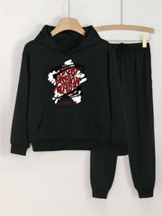 Star & Letter Print Hooded Outfit For Girls Hoodie & Pants Set