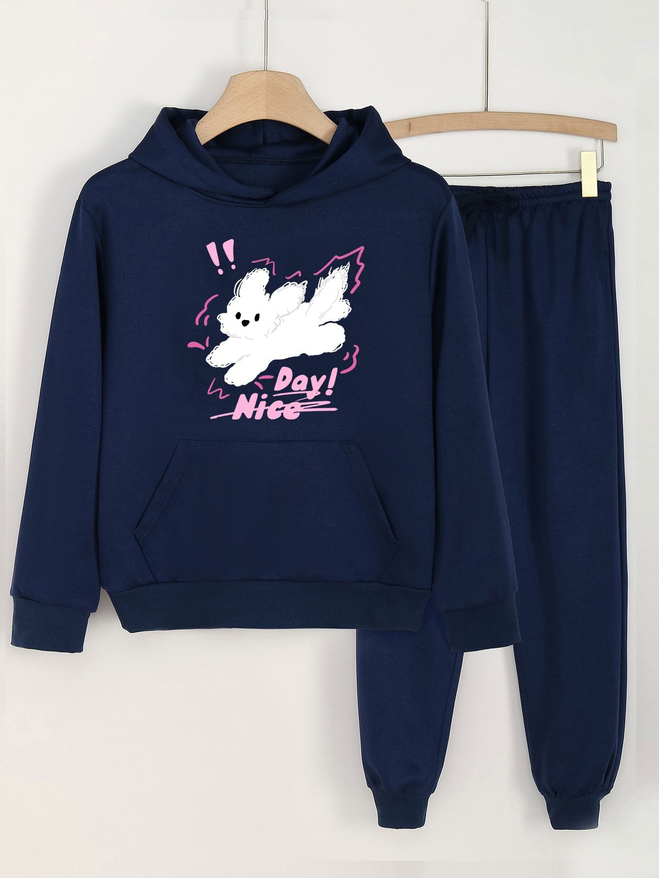 2pcs Puppy Print Hooded Outfit For Girls Hoodie & Pants Set