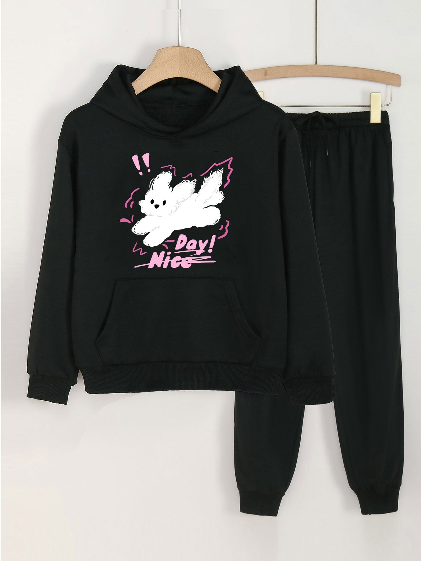 2pcs Puppy Print Hooded Outfit For Girls Hoodie & Pants Set