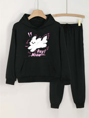 2pcs Puppy Print Hooded Outfit For Girls Hoodie & Pants Set