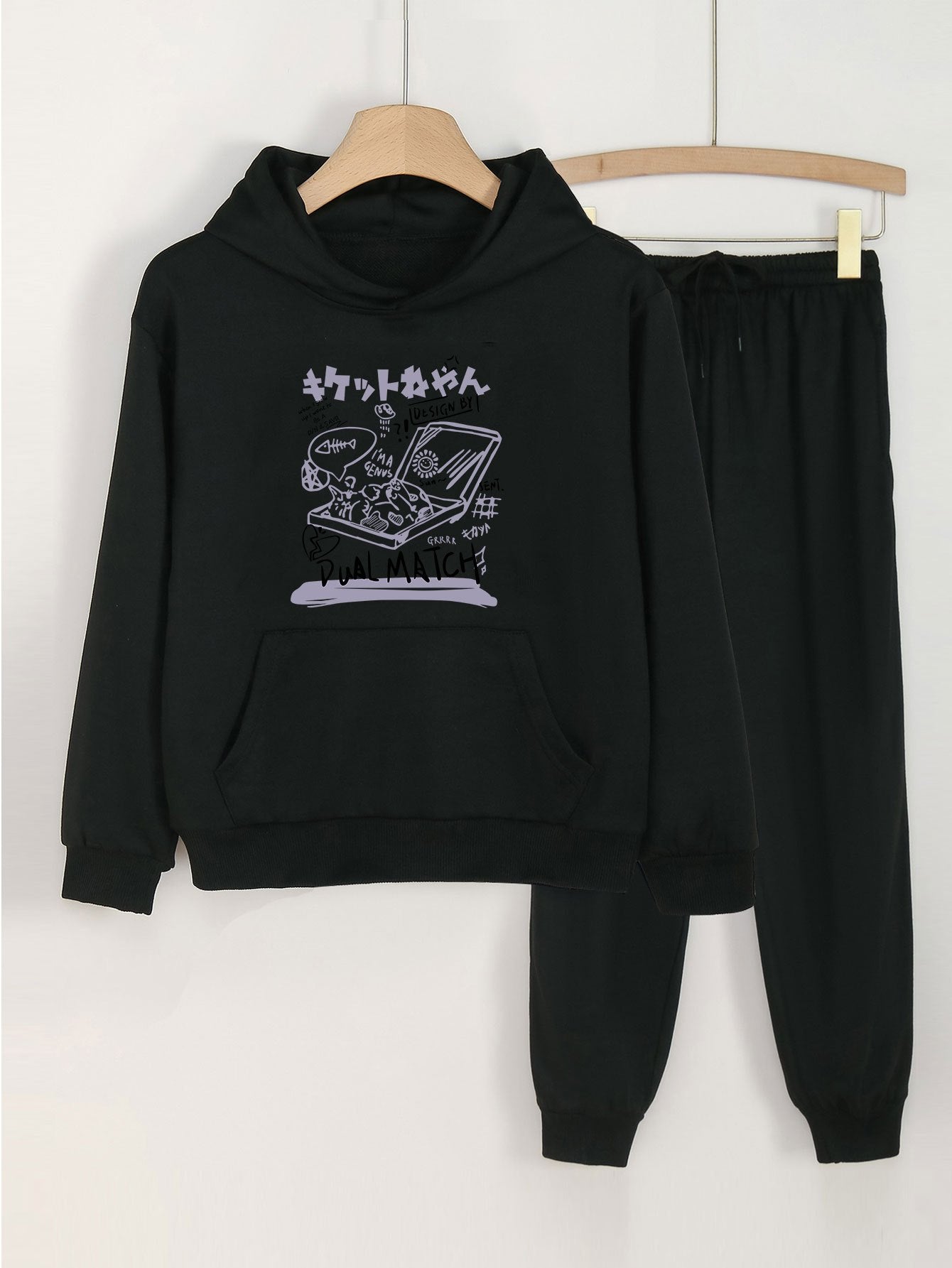 Japanese Letter & Box Print Hooded Outfit For Girls - Hoodie & Comfy Pants