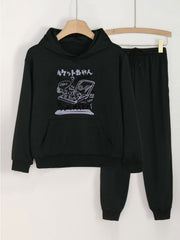 Japanese Letter & Box Print Hooded Outfit For Girls - Hoodie & Comfy Pants