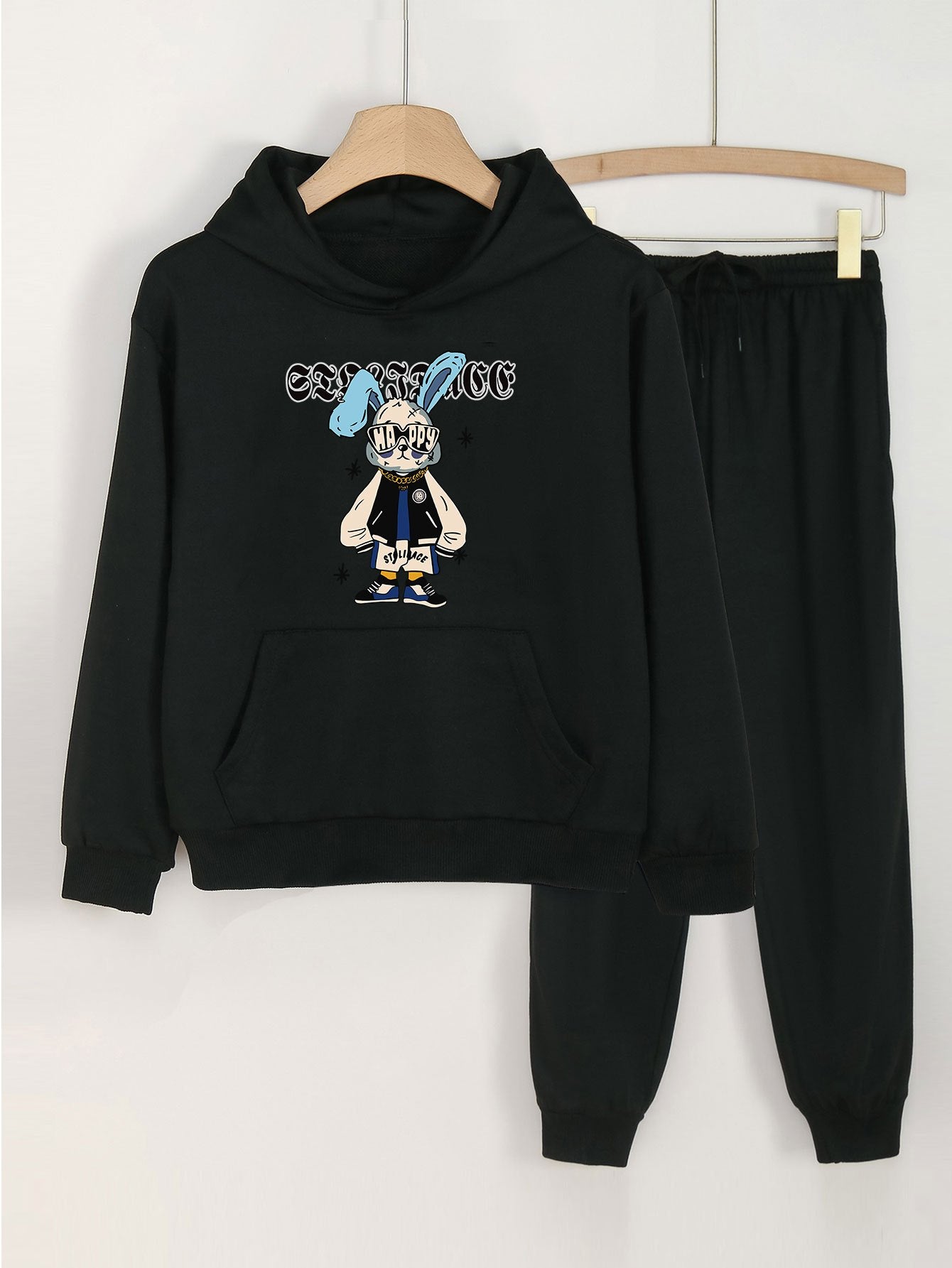 2pcs Bunny Print Hooded Outfit For Girls Hoodie & Pants Set