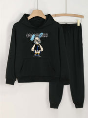 2pcs Bunny Print Hooded Outfit For Girls Hoodie & Pants Set